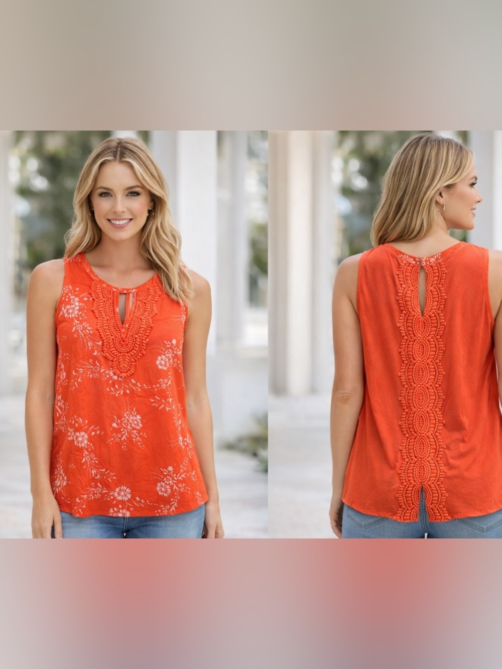 Danielrainn Sleeveless Blouse Embroidered Keyhole Coral Tank Top BohoChic XL